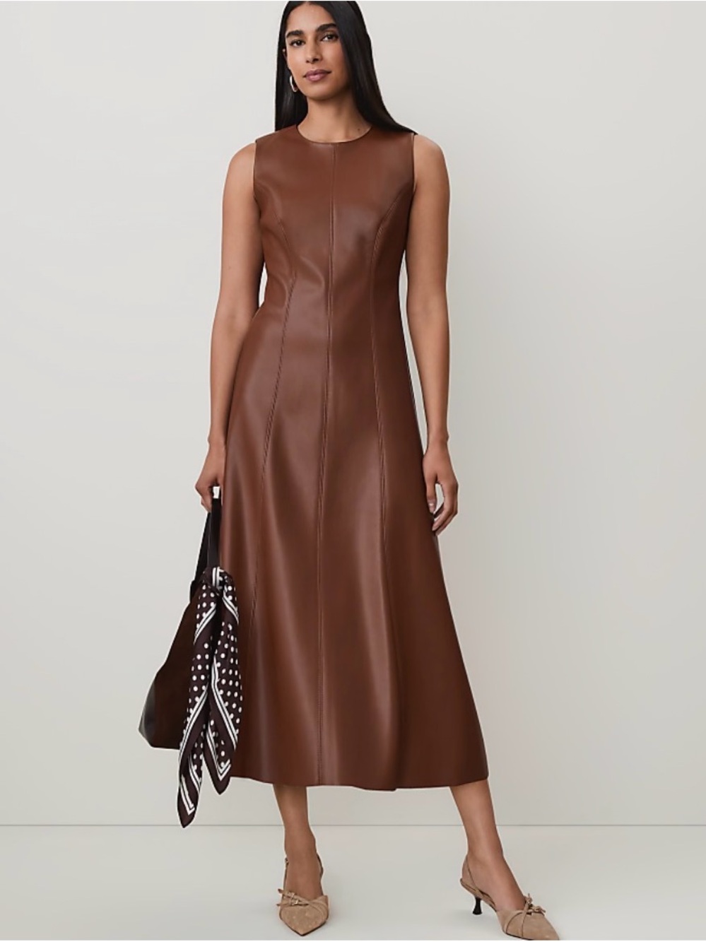 NWT Ann Taylor Sleeveless Faux Leather A-Line Midi Dress in Pure Chocolate Size